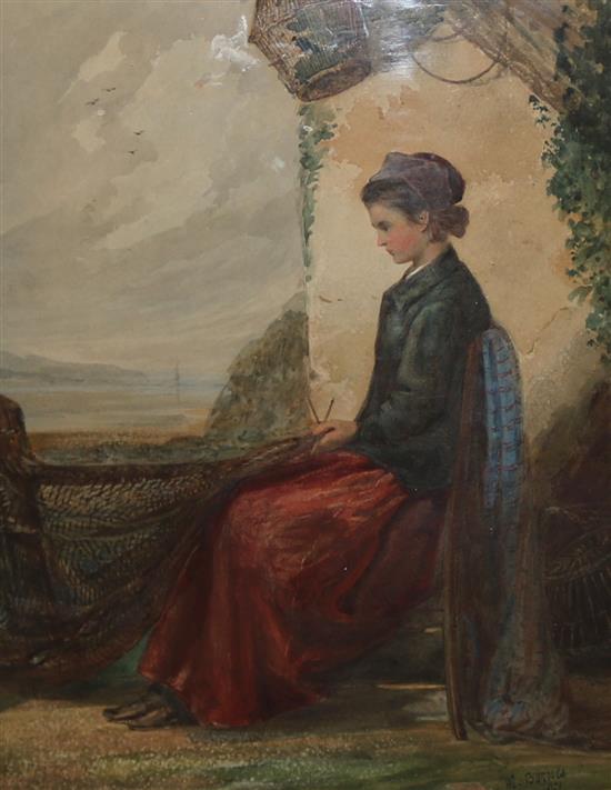 W. Barnes, watercolour, Fishermans wife mending nets, signed and dated 1876, 34 x 26cm